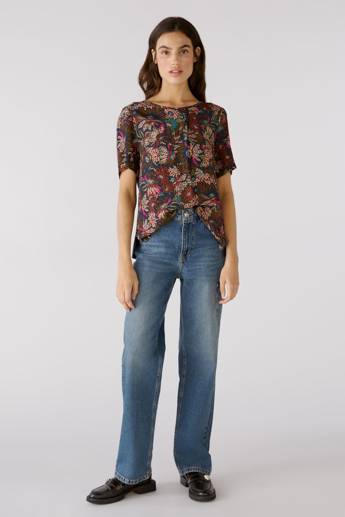 Oui Bronze Abstract Floral Print Short Sleeve Top