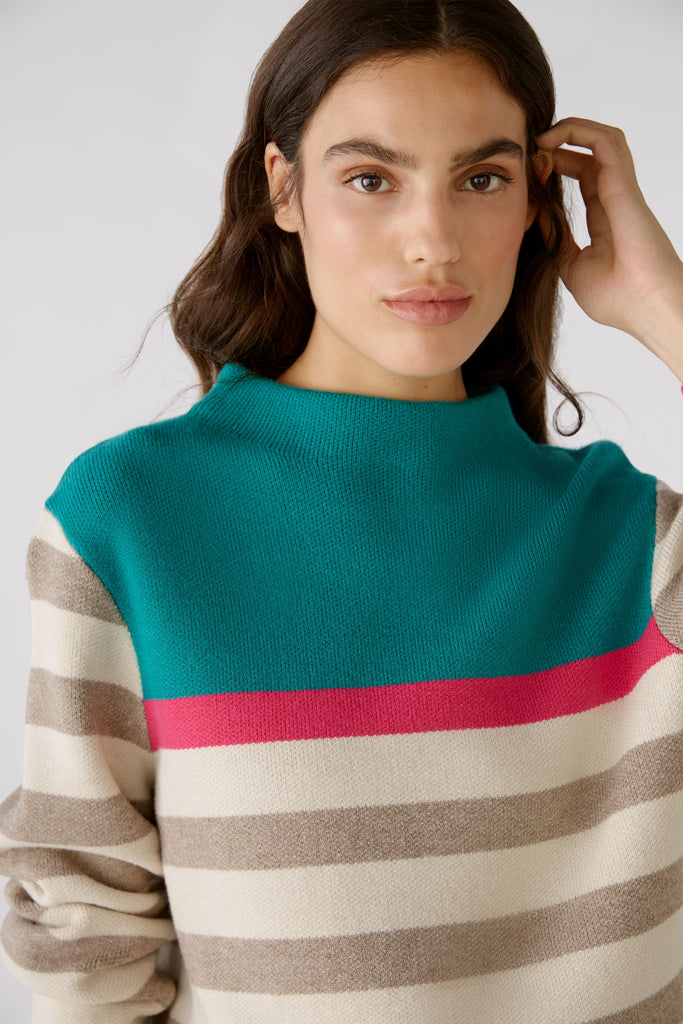 Oui Colour Block Stripe Print High Neck Knitted Jumper