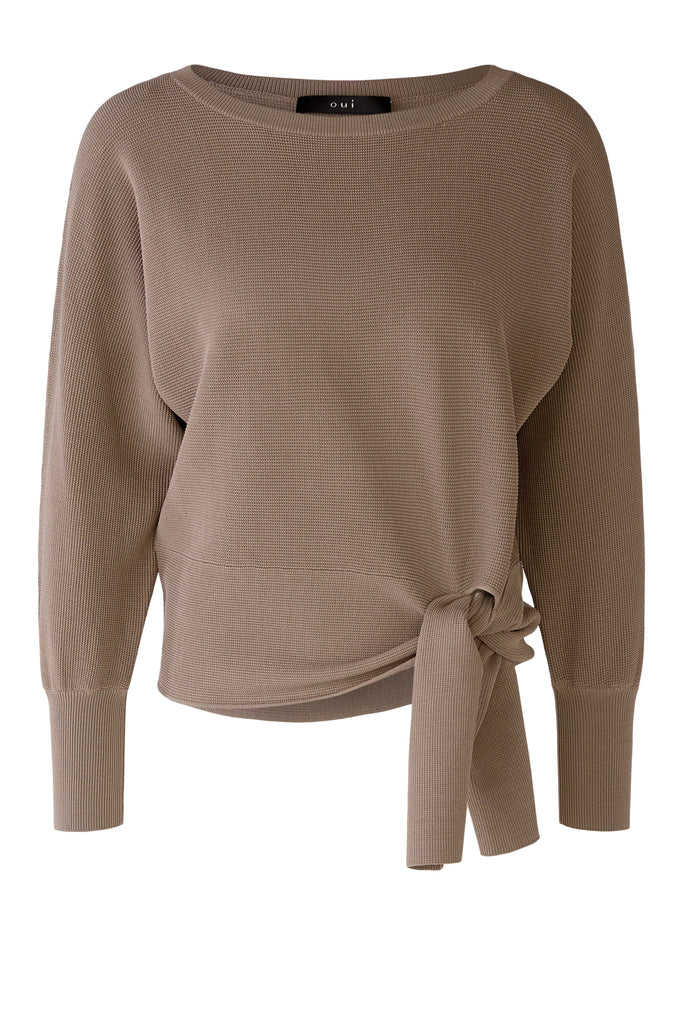 Oui Knitted Taupe Jumper With Tie Waist