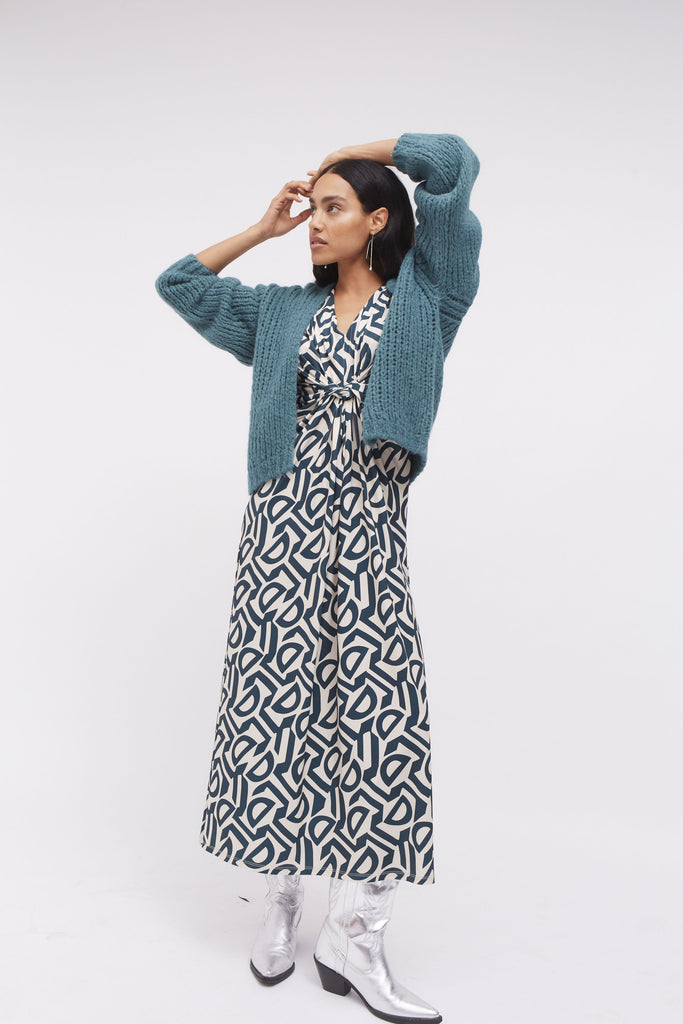 Oui Silky Touch Abstract Print Maxi Dress With Cardigan