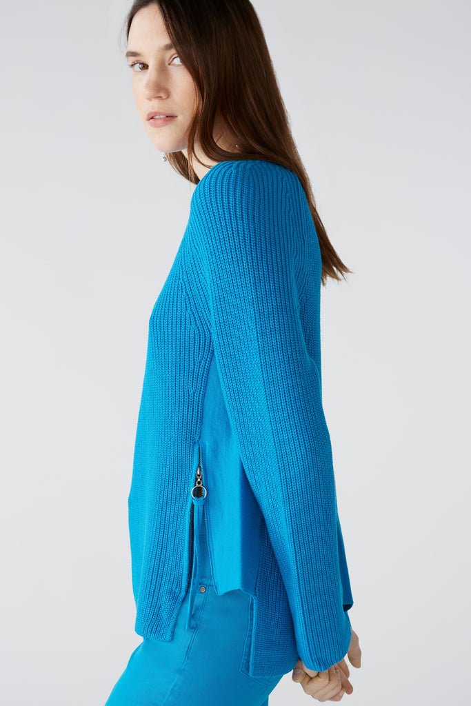 Oui Ribbed Knit Zip Jumper - Turquoise Blue