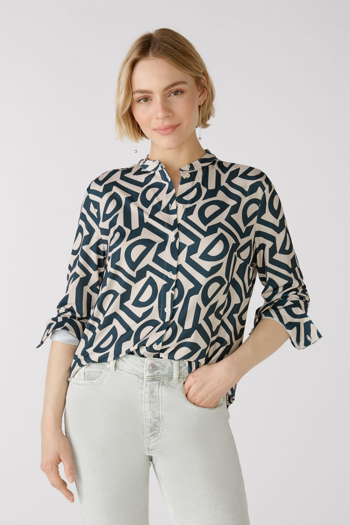 Oui Silk Touch Abstract Print Shirt In Stone/Green