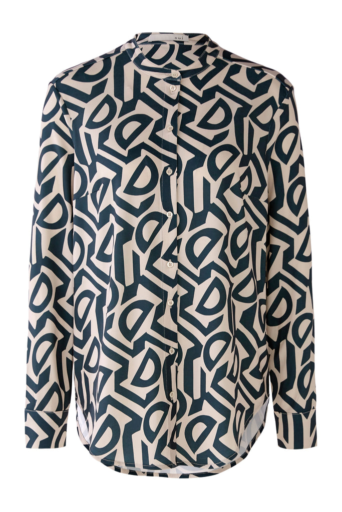 Oui Stone/Green Silky Touch Abstract Print Shirt - Front