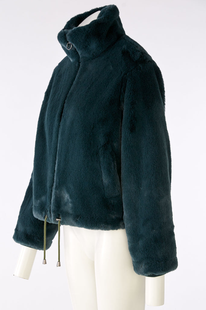 Oui Emerald Green Faux Fur Funnel Neck Jacket