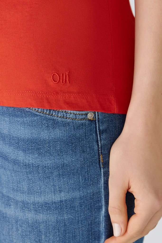 Oui Basic V-Neck T-shirt In Orange With Embroidered Logo