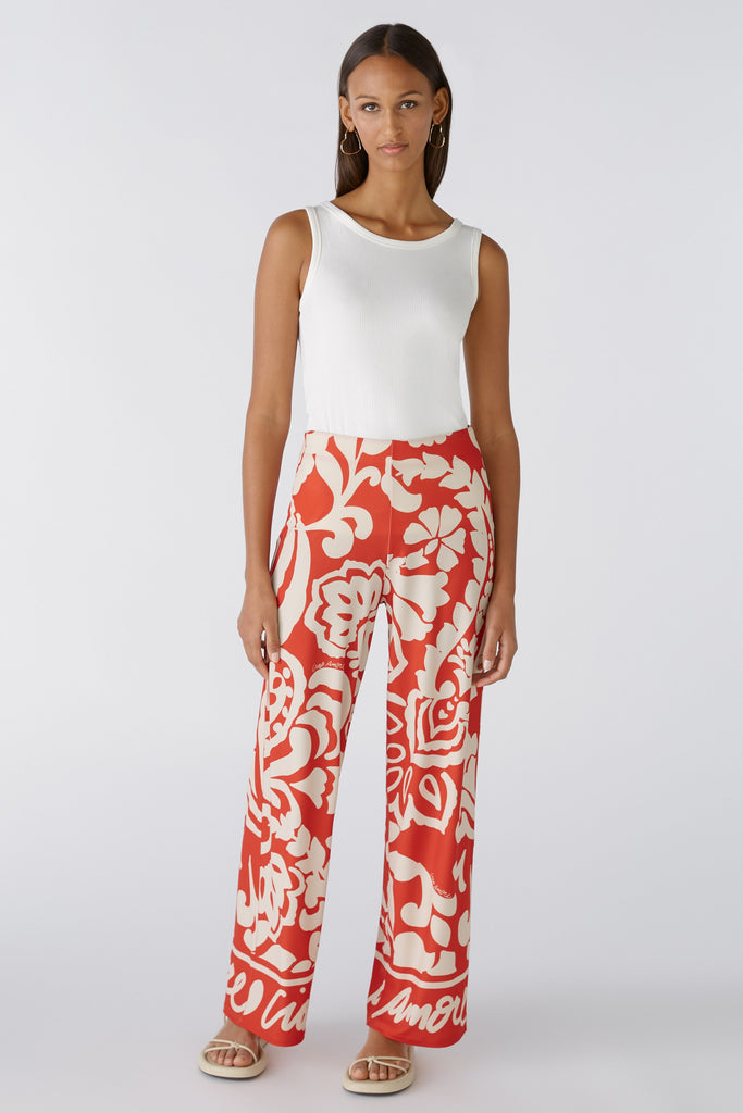 Oui Marlene Orange/Cream Floral Print Wide Leg Trousers