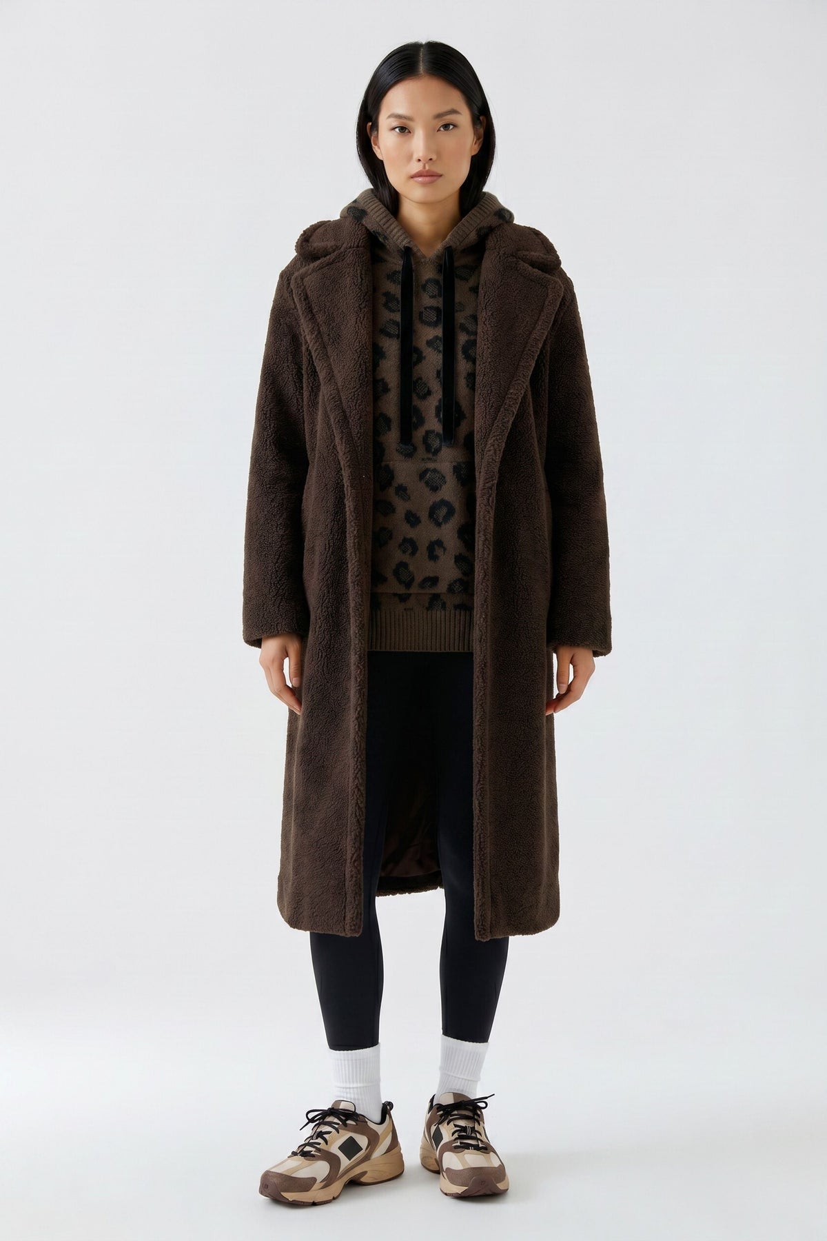  Oui brown teddy coat with relaxed longline shape – full model view