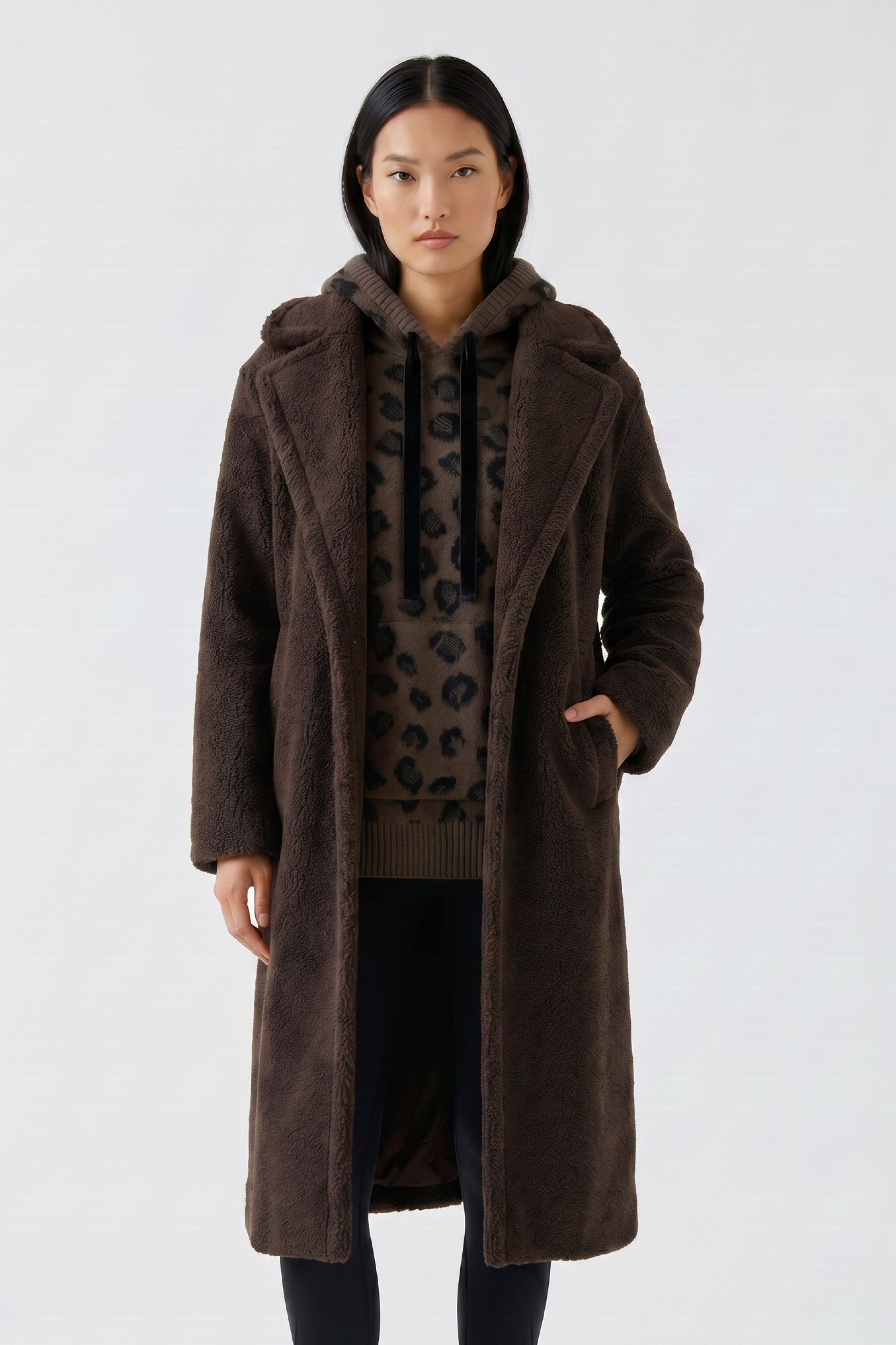 Oui brown longline teddy coat with lapel collar – front model view