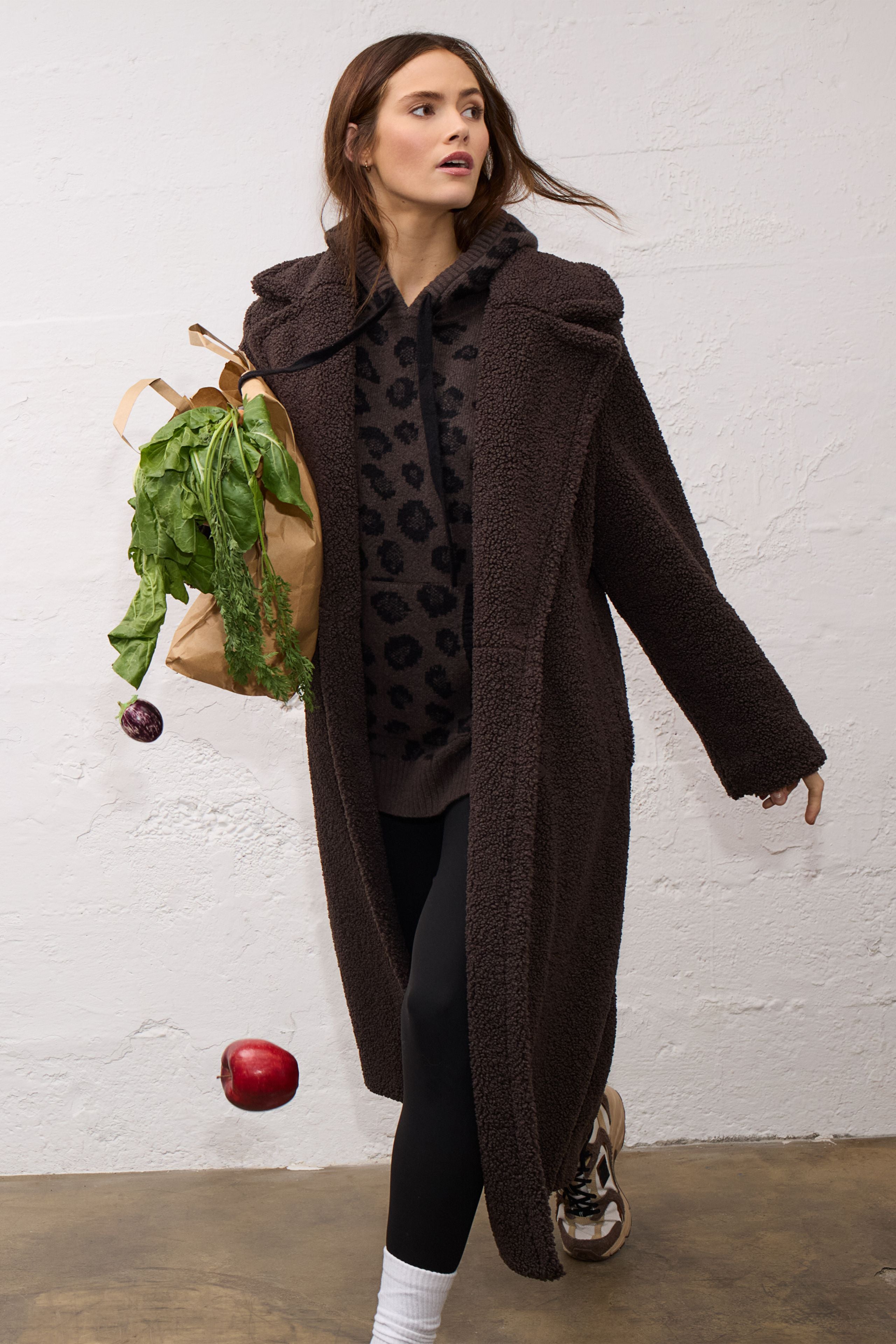 Oui brown teddy coat worn over layered winter outfit – lifestyle model view