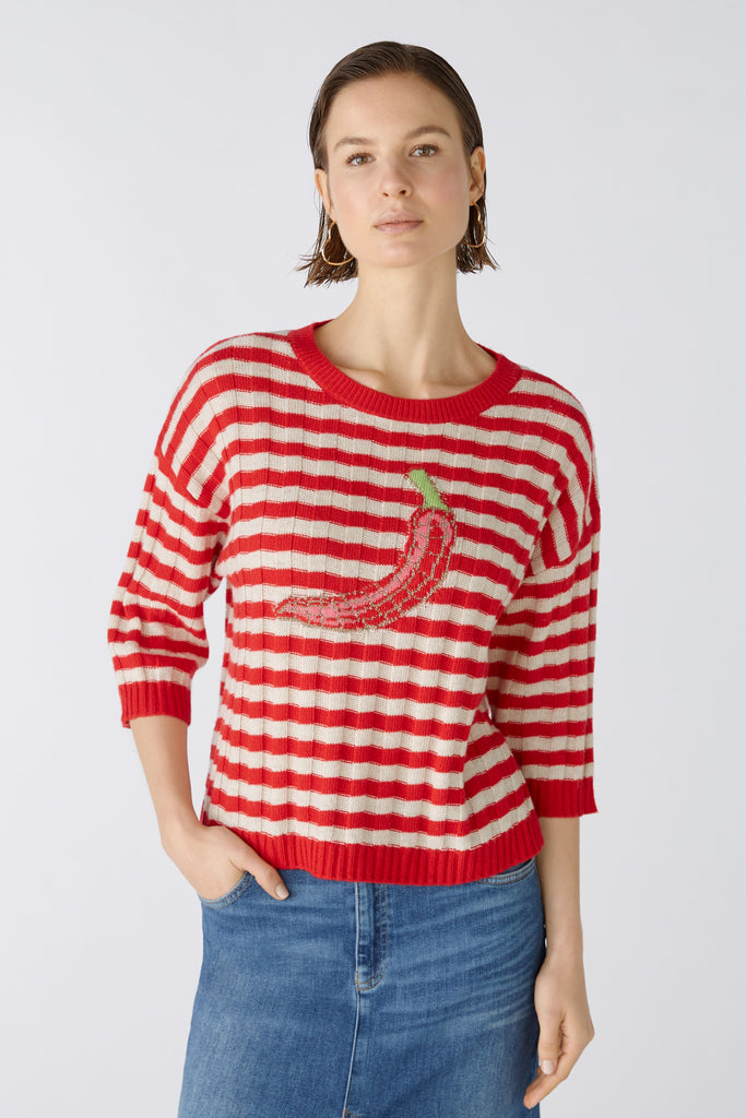 Oui Red/White Stripe Chilli Jumper With 3/4 Sleeve