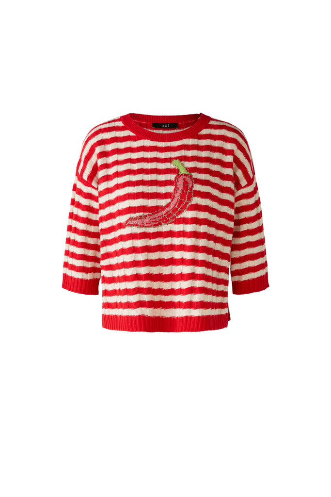 Oui Red/White Stripe Chilli Jumper With 3/4 Sleeves 