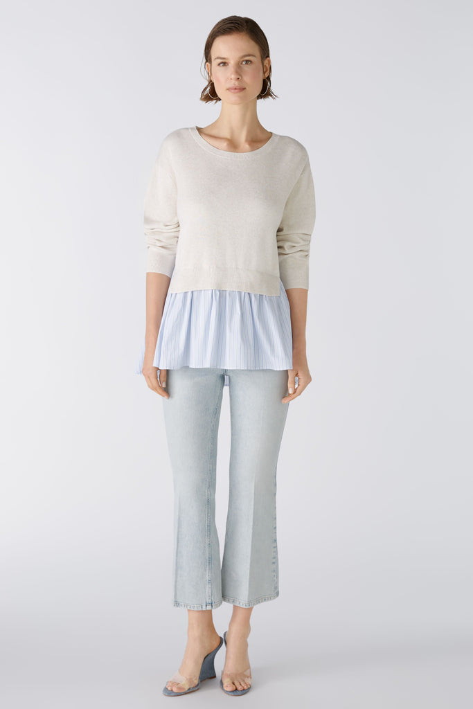 Oui Off White Cotton Jumper With Faux Shirt Hem