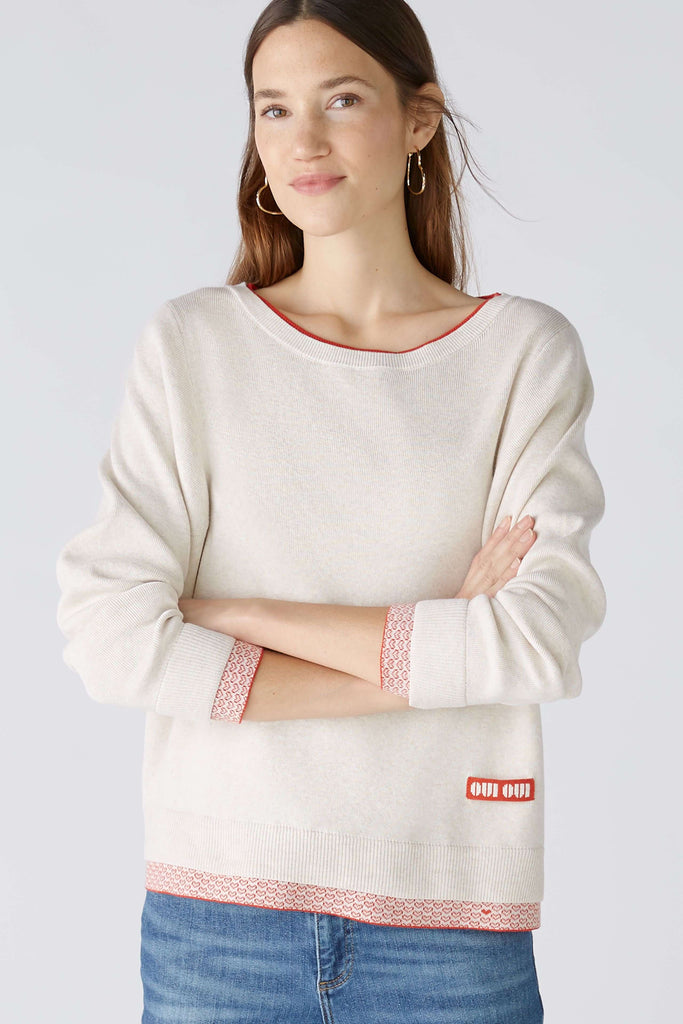 Oui Red/White Boat Neck Heart Trim Knitted Jumper