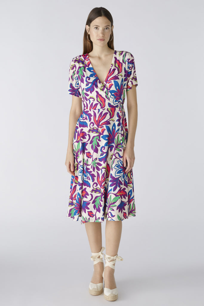 Oui Wrap Style Short Sleeve Purple Flower Print Midi Dress