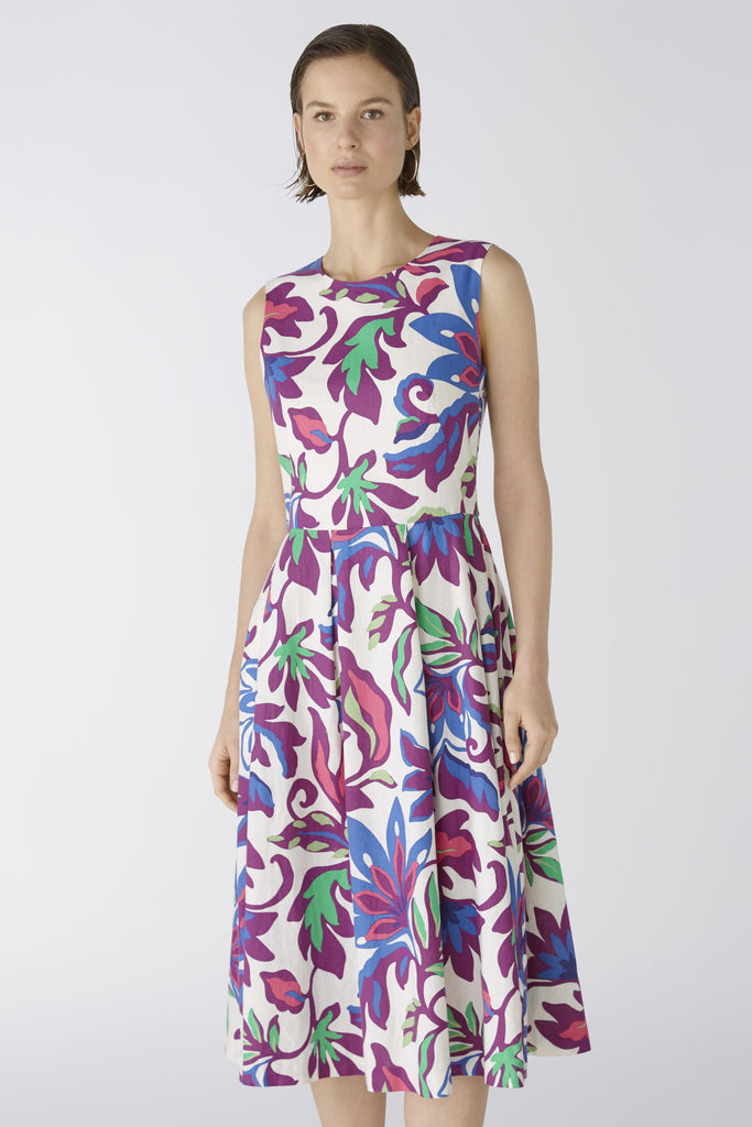 Oui Linen Blend Sleeveless Purple Flower Print Midi Dress