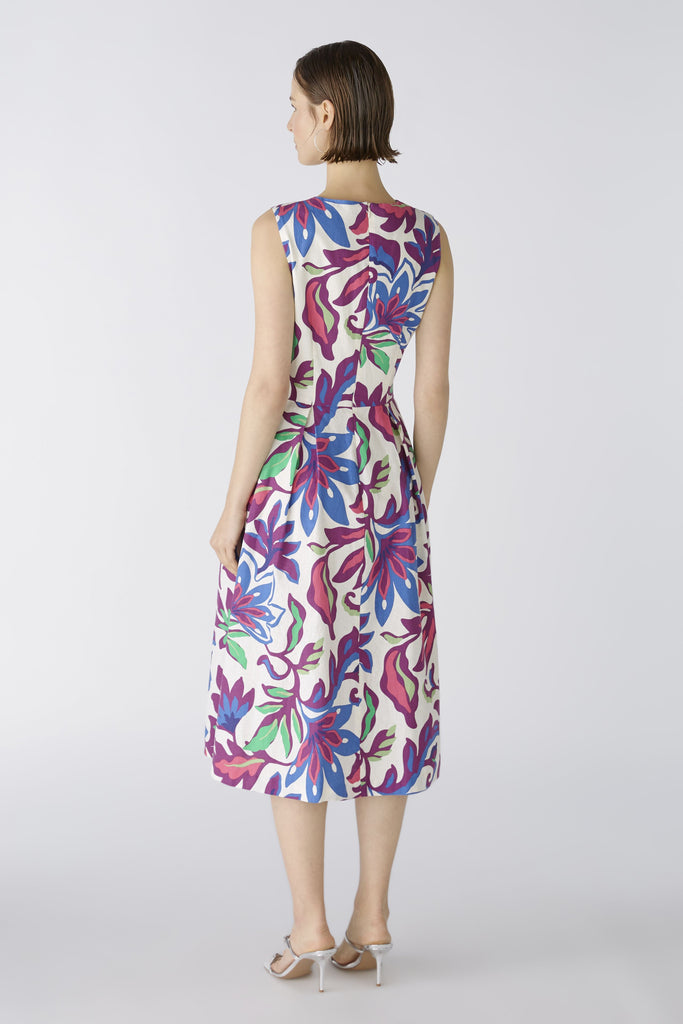Oui Linen Blend Sleeveless Purple Flower Print Midi Dress From The Back