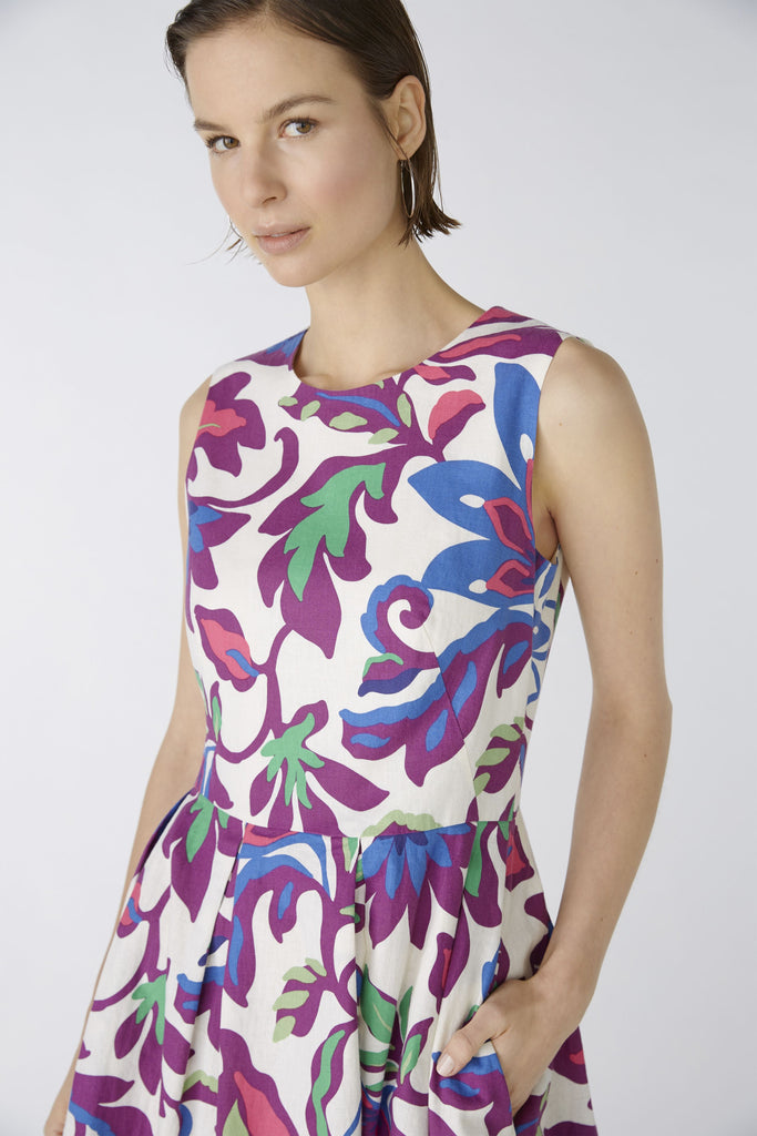 Oui Linen Blend Sleeveless Purple Flower Print Midi Dress With Pockets
