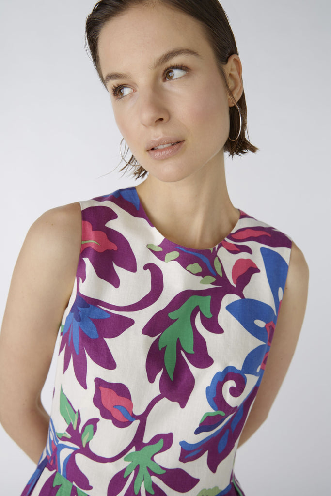 Oui Linen Blend Sleeveless Purple Flower Print Midi Dress
