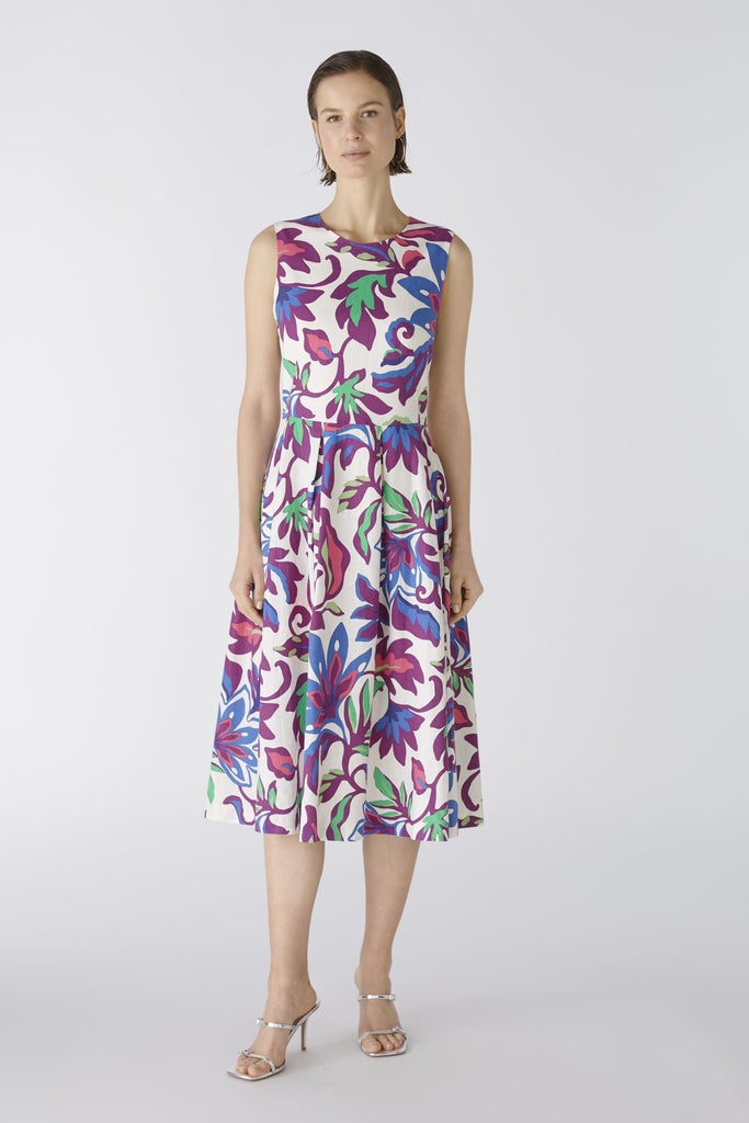 Oui Linen Blend Sleeveless Purple Flower Midi Dress