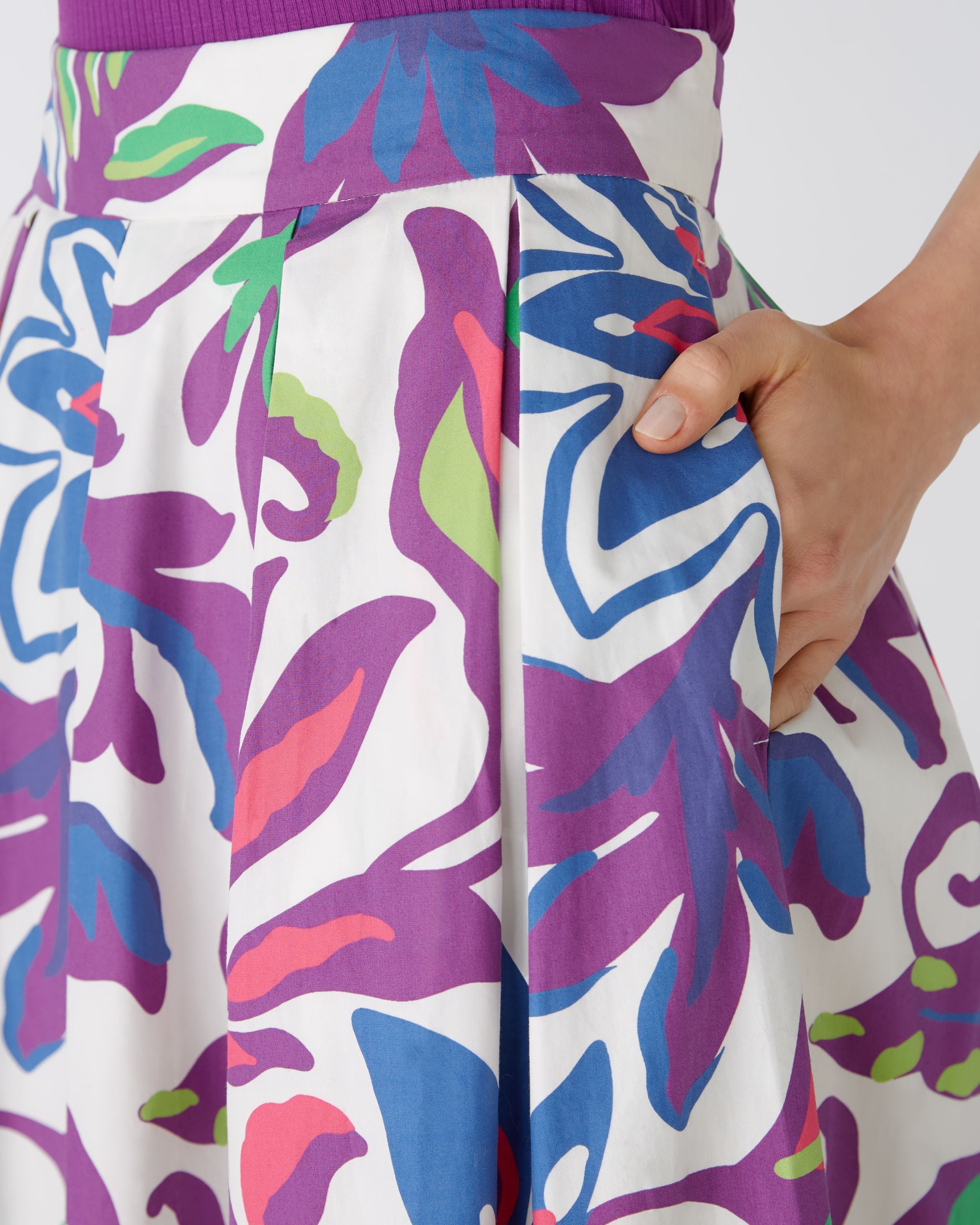 Oui Cotton Purple Print A-line Midi Skirt With Pockets