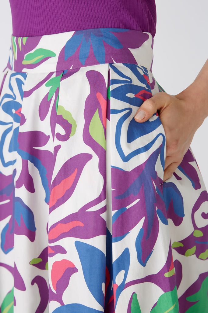 Oui Cotton Purple Print A-line Midi Skirt With Pockets