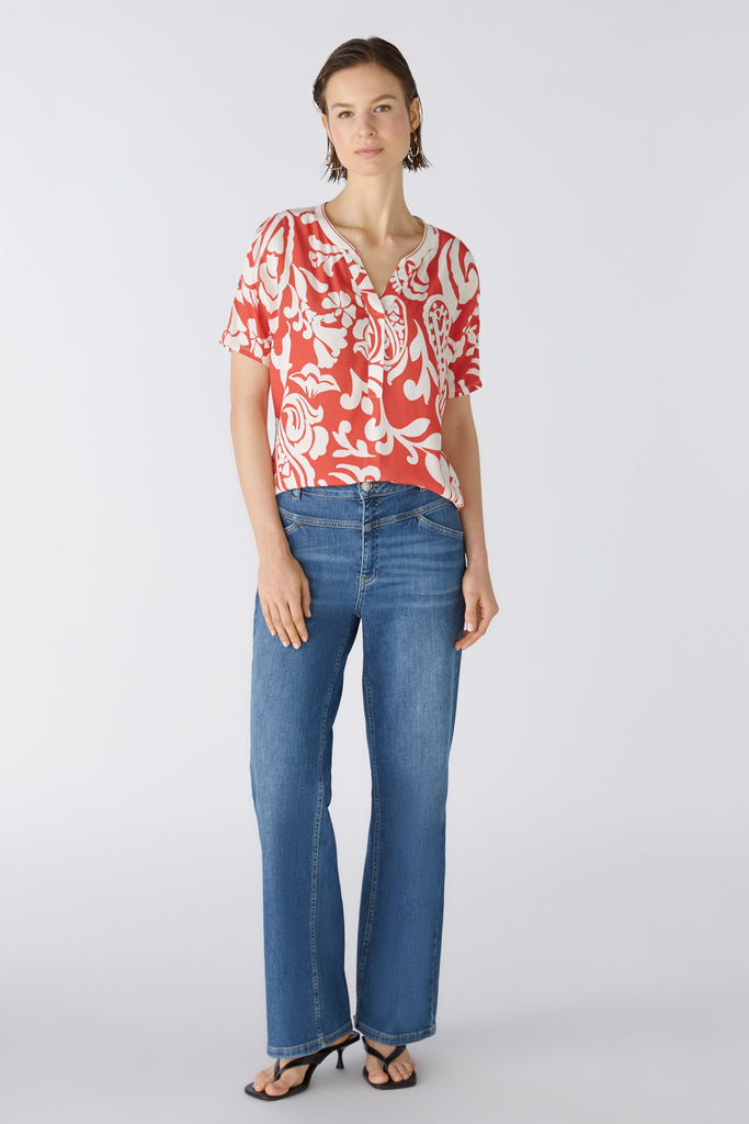 Oui Red/Cream Tropical Floral Heart Print Top