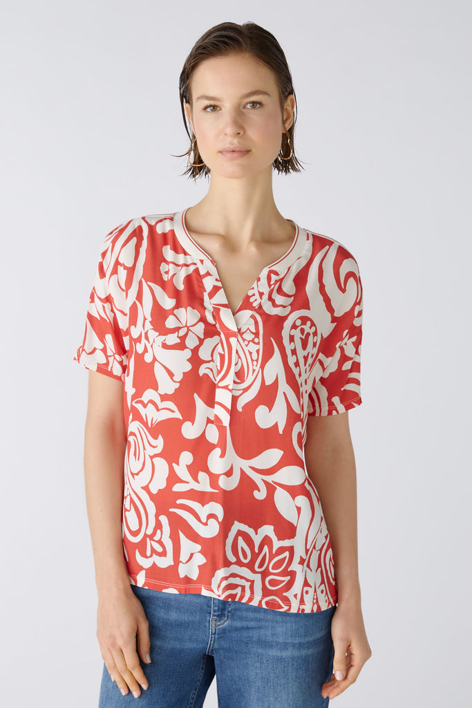 Oui Red/Cream Tropical Floral Heart Print Top With Short Sleeves