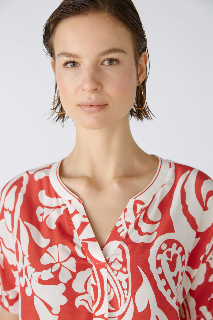 Oui Red/Cream Tropical Floral Heart Print Y Neck Top