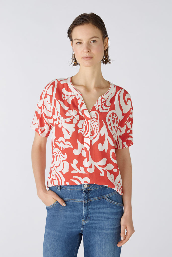 Oui Red/Cream Tropical Floral Heart Print Short Sleeve Top