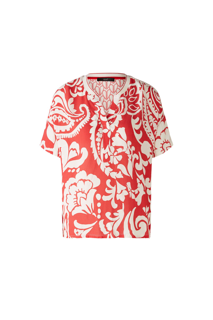 Oui Red/Cream Tropical Floral Heart Print Top Front 