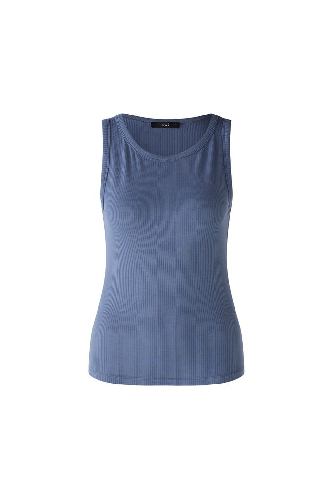 Oui Ribbed Jersey High Neck Tank Top In Blue