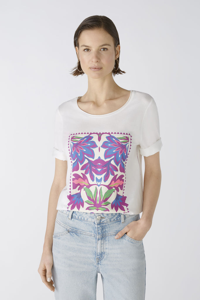 Oui Off White T-shirt With Purple Flower Motif