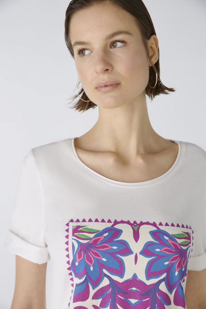 Oui Off White Crewneck T-shirt With Purple Flower Motif