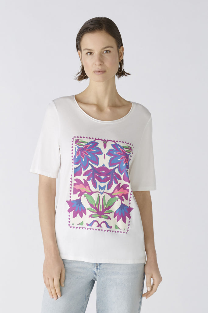 Oui Off White T-shirt With Purple Flower Print 