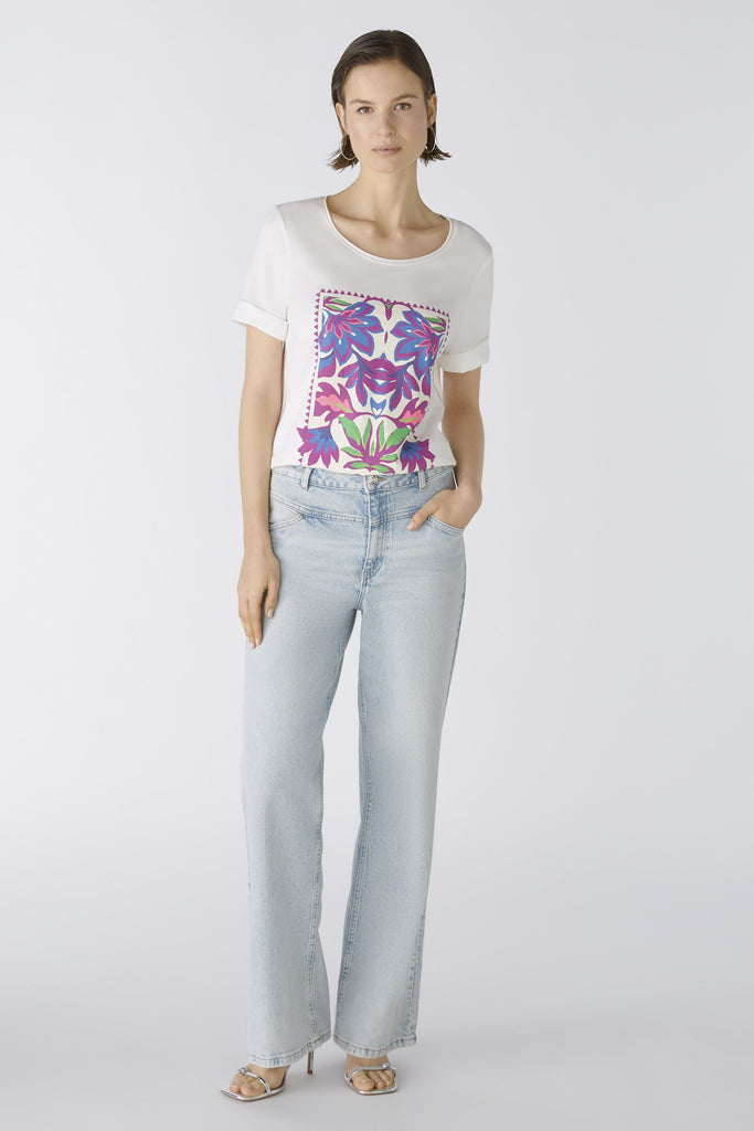 Oui Off White T-shirt With Purple Flower Motif