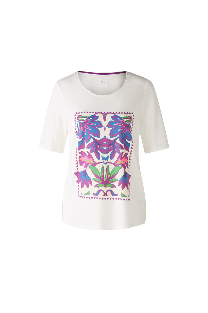 Oui Off White Top With Purple Flower Motif