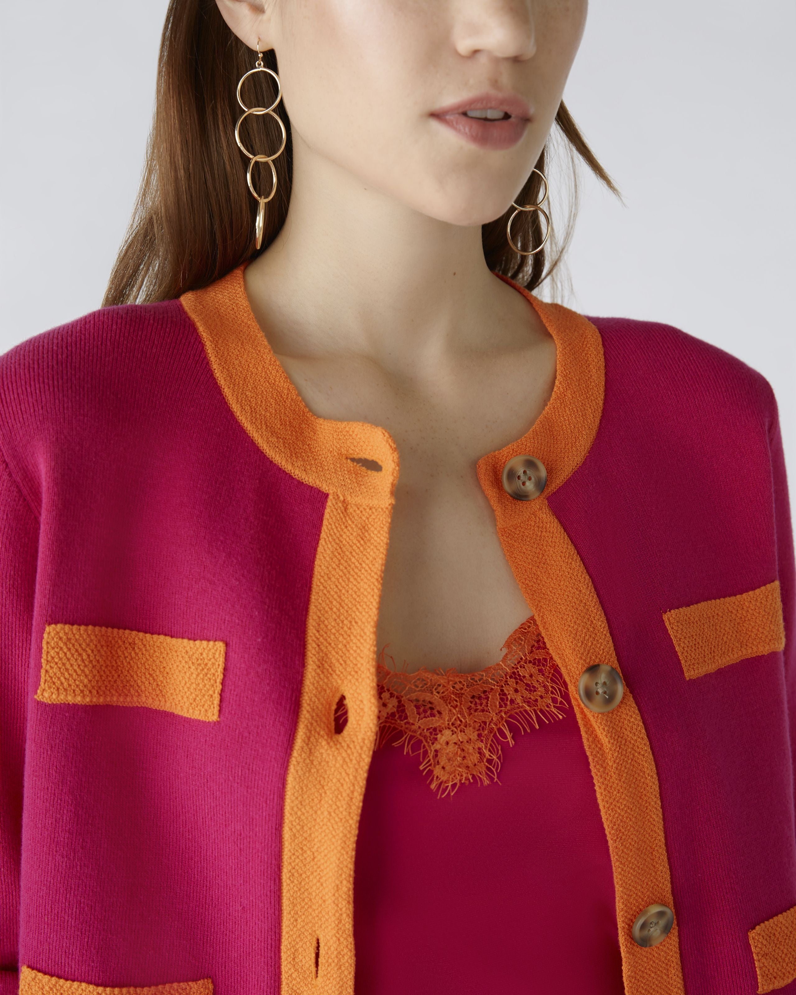 Oui Pink/Orange Colour Block Cotton Cardigan