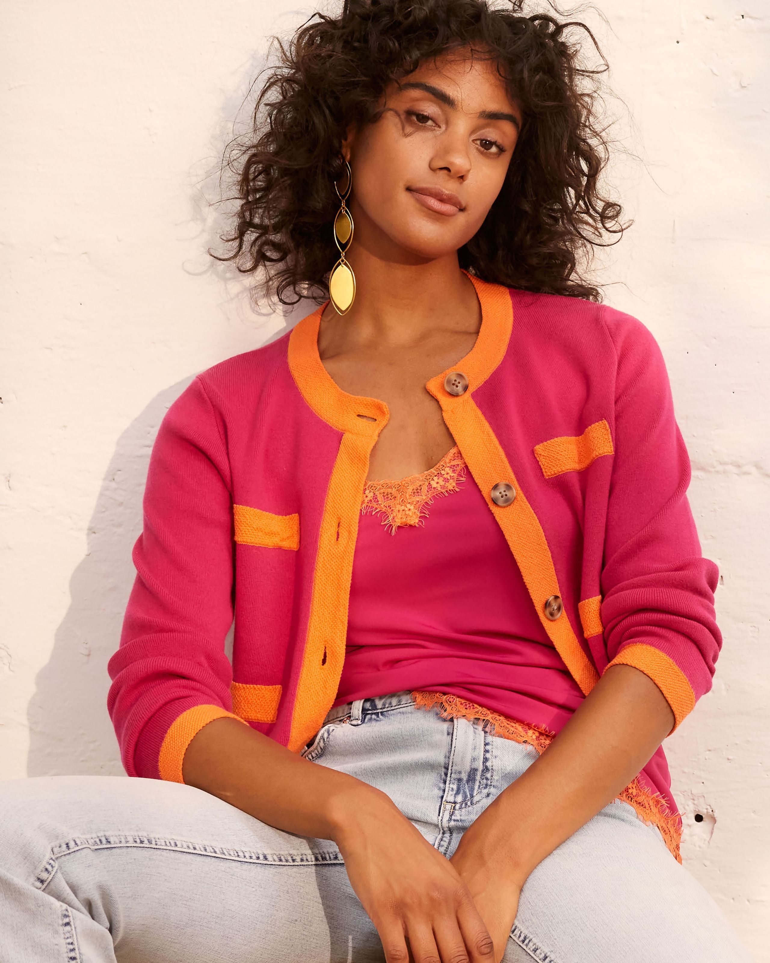 Oui  Colour Block Cotton Cardigan In Pink/Orange