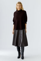 Oui chocolate brown faux-leather A-line midi skirt — front view