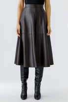Oui chocolate brown long faux-leather A-line midi skirt 