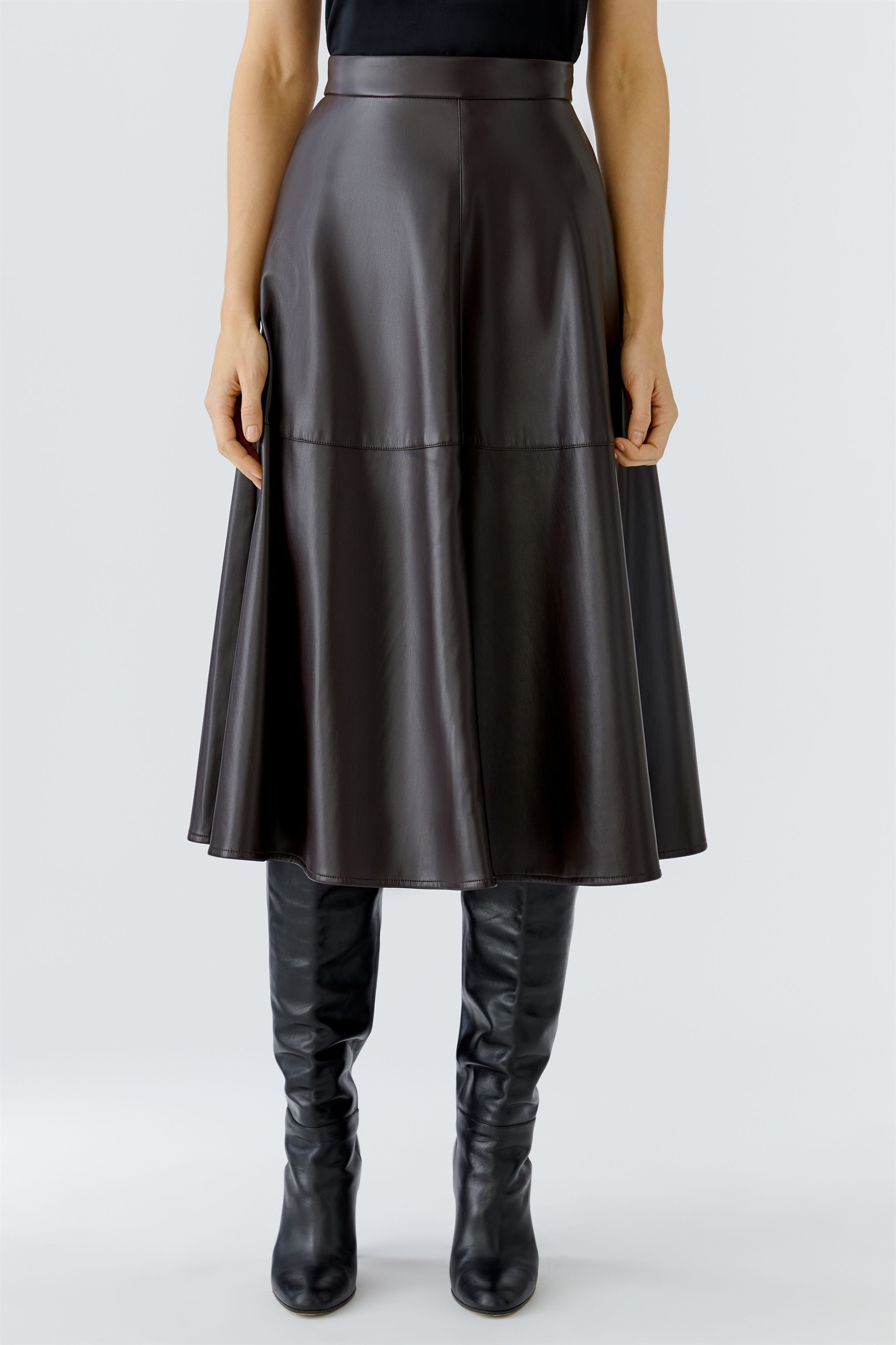 Oui chocolate brown long faux-leather A-line midi skirt 