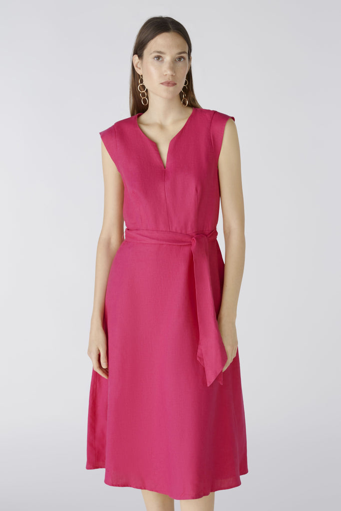 Oui Linen Blend Cap Sleeve A-line Midi Dress In Pink