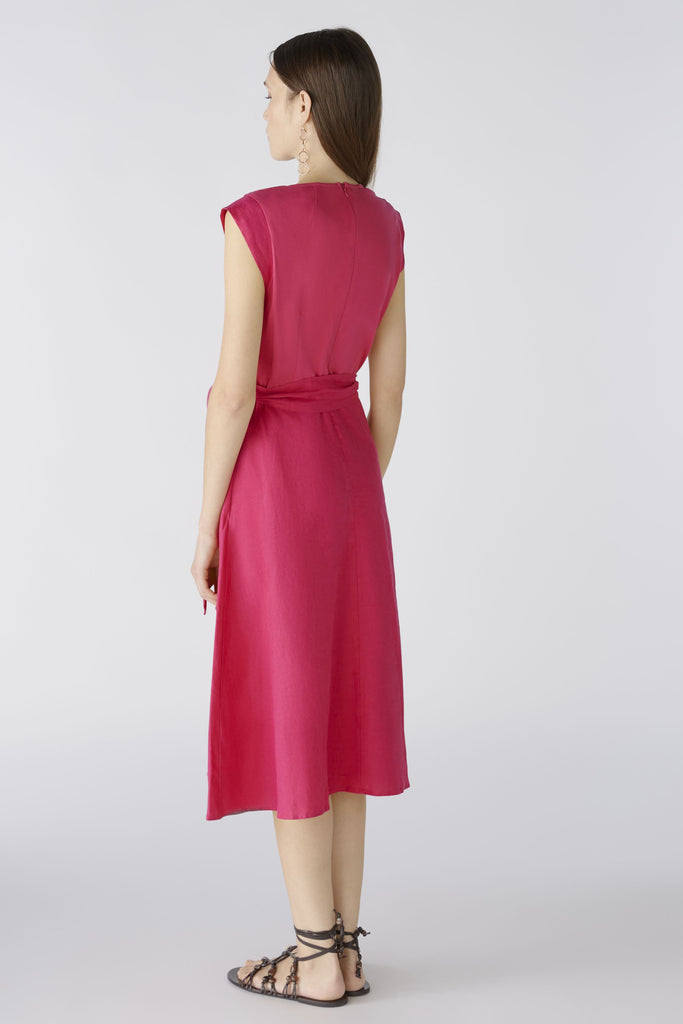 Oui Linen Blend Cap Sleeve A-line Midi Dress In Pink From The Back