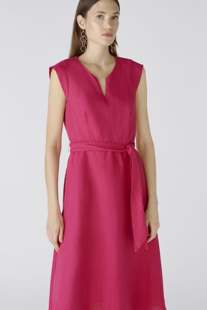 Oui Linen/Cotton Blend Belted A-line Midi Dress In Pink