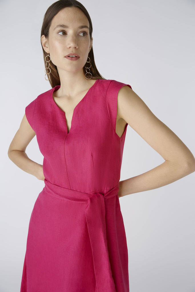 Oui Linen Blend Cap Sleeve Pink A-line Midi Dress With Belt