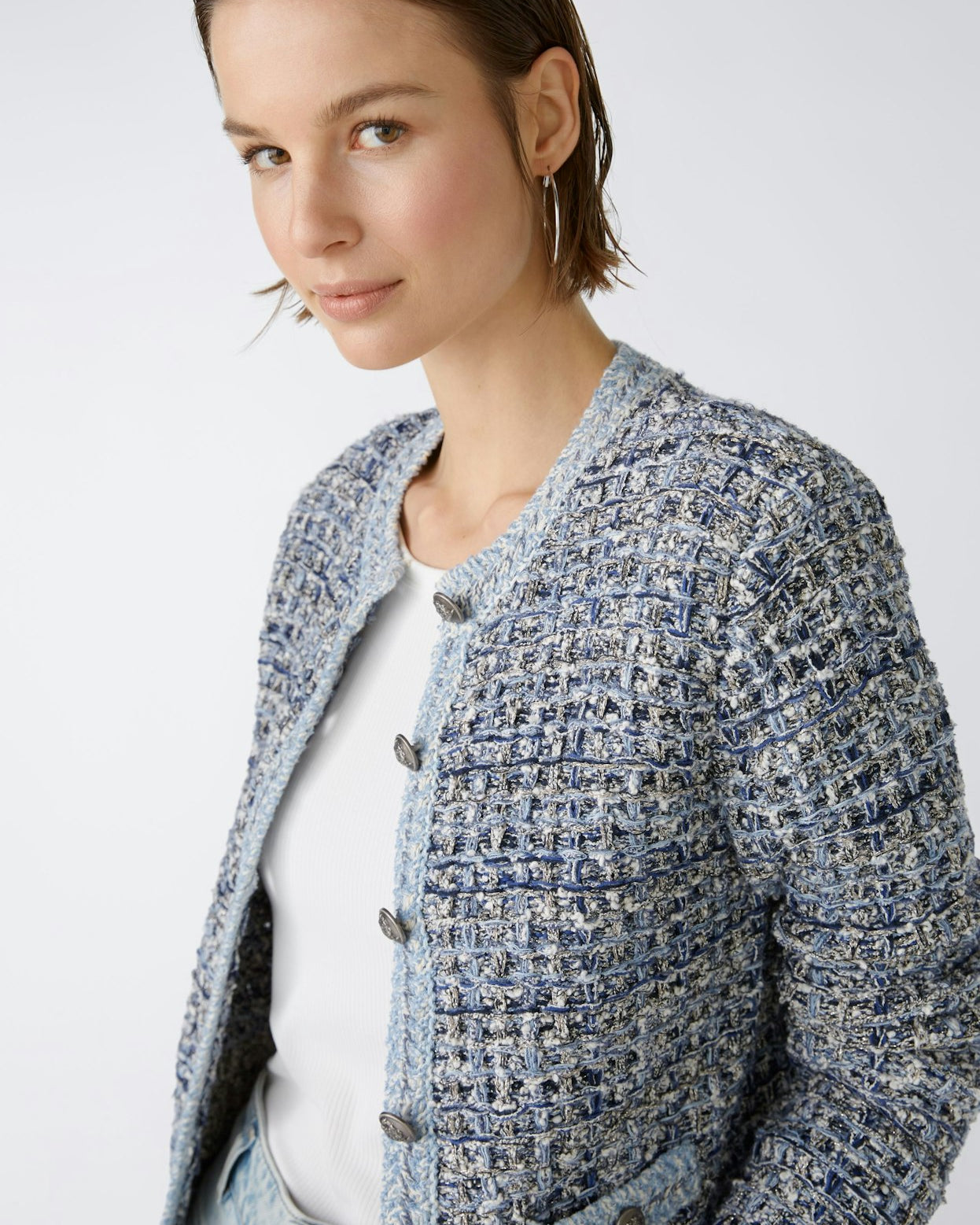 Oui Blue Tweed Style Knitted Boucle Jacket