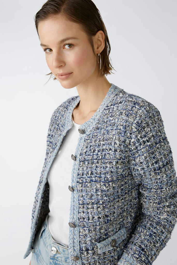 Oui Blue Tweed Style Knitted Boucle Jacket