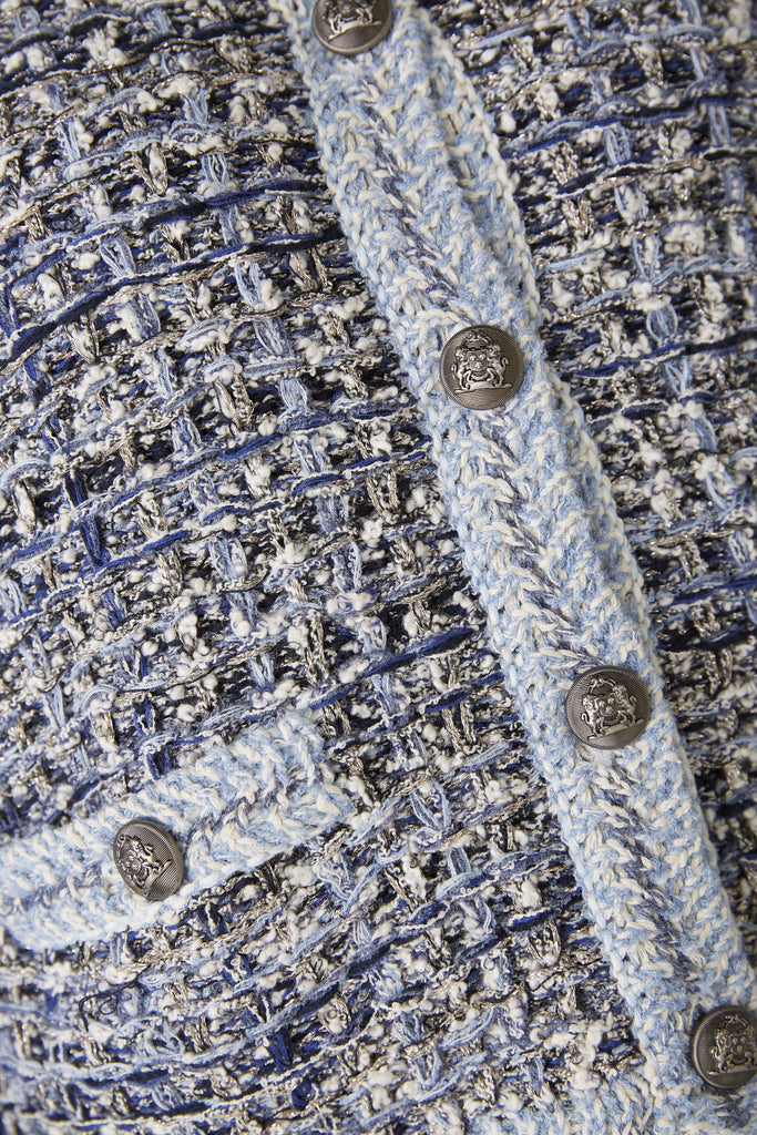 Oui Blue Tweed Style Woven Boucle Jacket With Embossed Buttons
