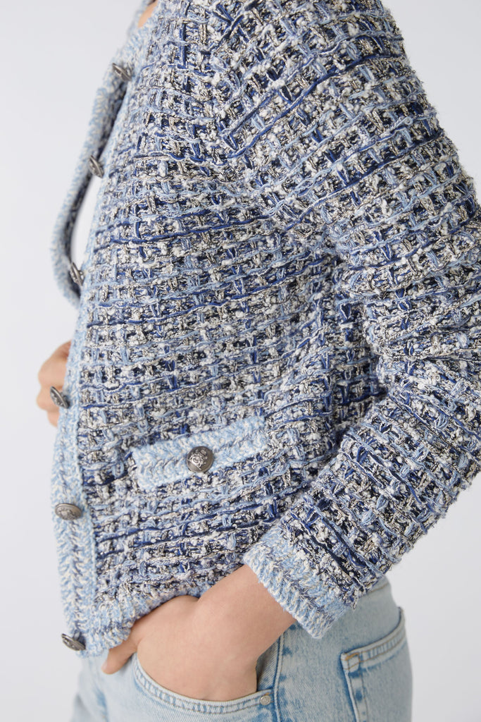 Oui Blue Tweed Style Woven Knit Cardigan  Jacket