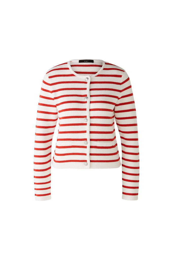  Oui Knitted Red/White Stripe Jacket Front